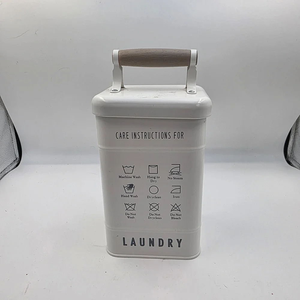Farmhouse Metal Laundry Detergent Storage Tin Bin with Wood Handle Cream White